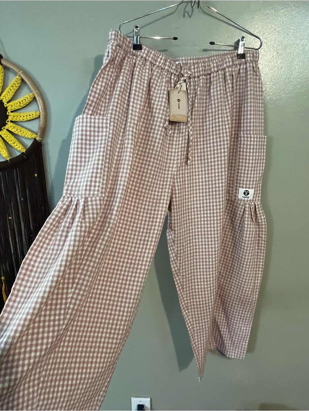 Tarse womens  baggy linen blend plaid barrel pull on pants xL nwt